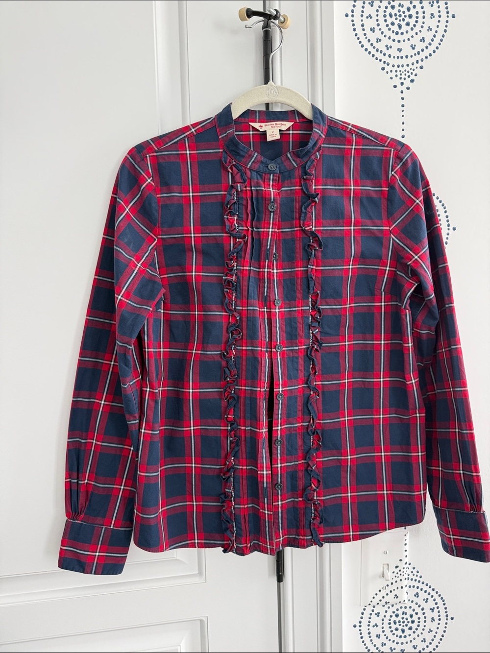 Brooks Brothers Navy and Red Plaid Ruffle Front Button-Down